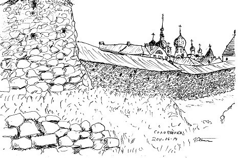 Enkel teckning från av Gulag-klostret på Solovetski-öarna i Vita havet.